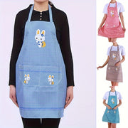 Blue Checkered Cooking Apron with Adjustable Straps Rabbit and Floral Design Oil and Stain Resistant with Pocket