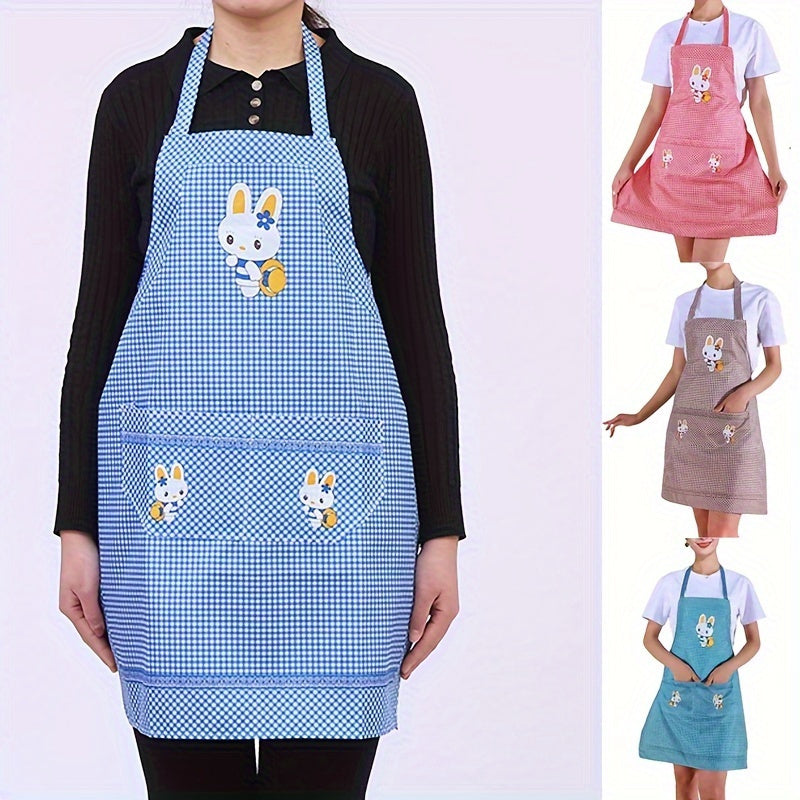 Blue Checkered Cooking Apron with Adjustable Straps Rabbit and Floral Design Oil and Stain Resistant with Pocket