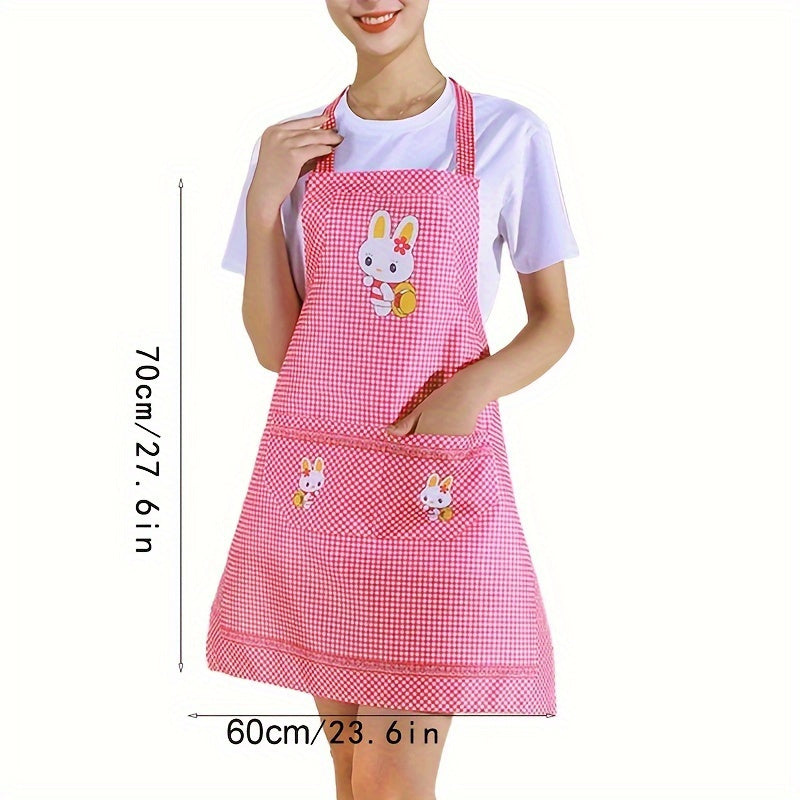 Blue Checkered Cooking Apron with Adjustable Straps Rabbit and Floral Design Oil and Stain Resistant with Pocket