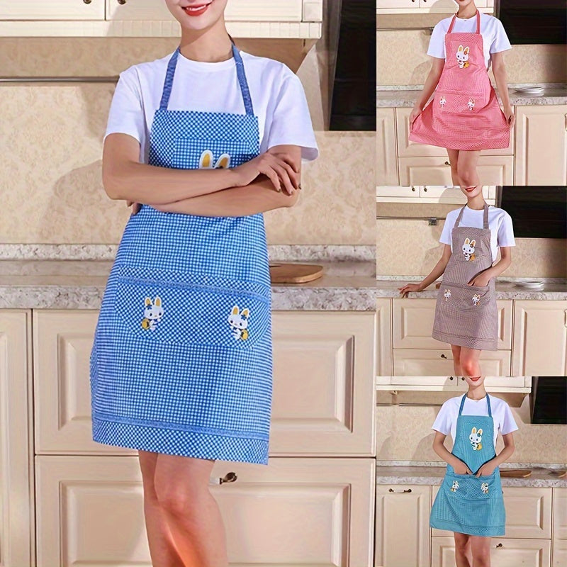 Blue Checkered Cooking Apron with Adjustable Straps Rabbit and Floral Design Oil and Stain Resistant with Pocket