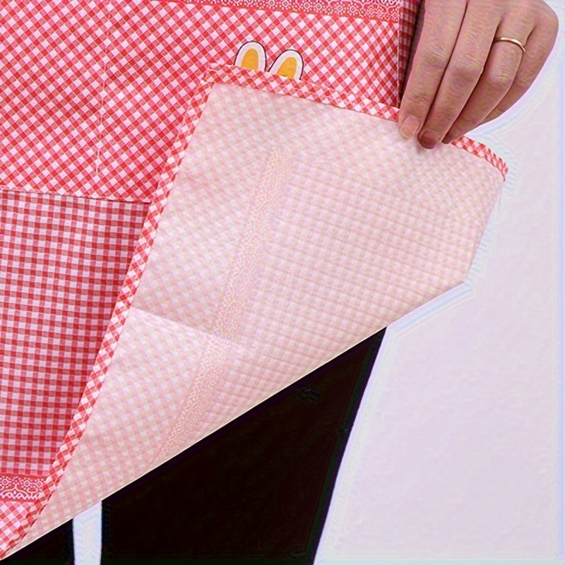 Blue Checkered Cooking Apron with Adjustable Straps Rabbit and Floral Design Oil and Stain Resistant with Pocket