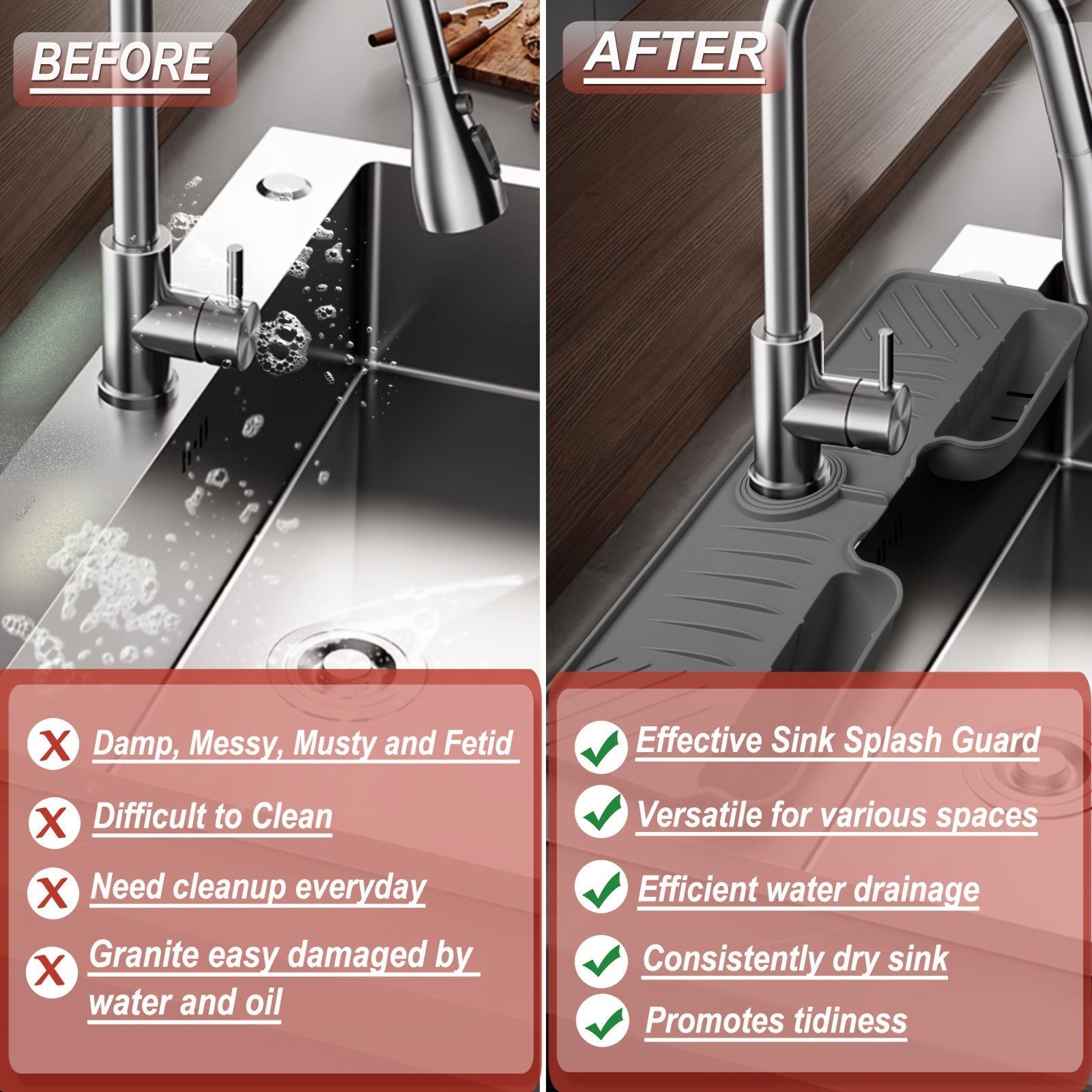 Organizador de silicona para fregadero de cocina con dos bolsillos y bandeja de drenaje plegable