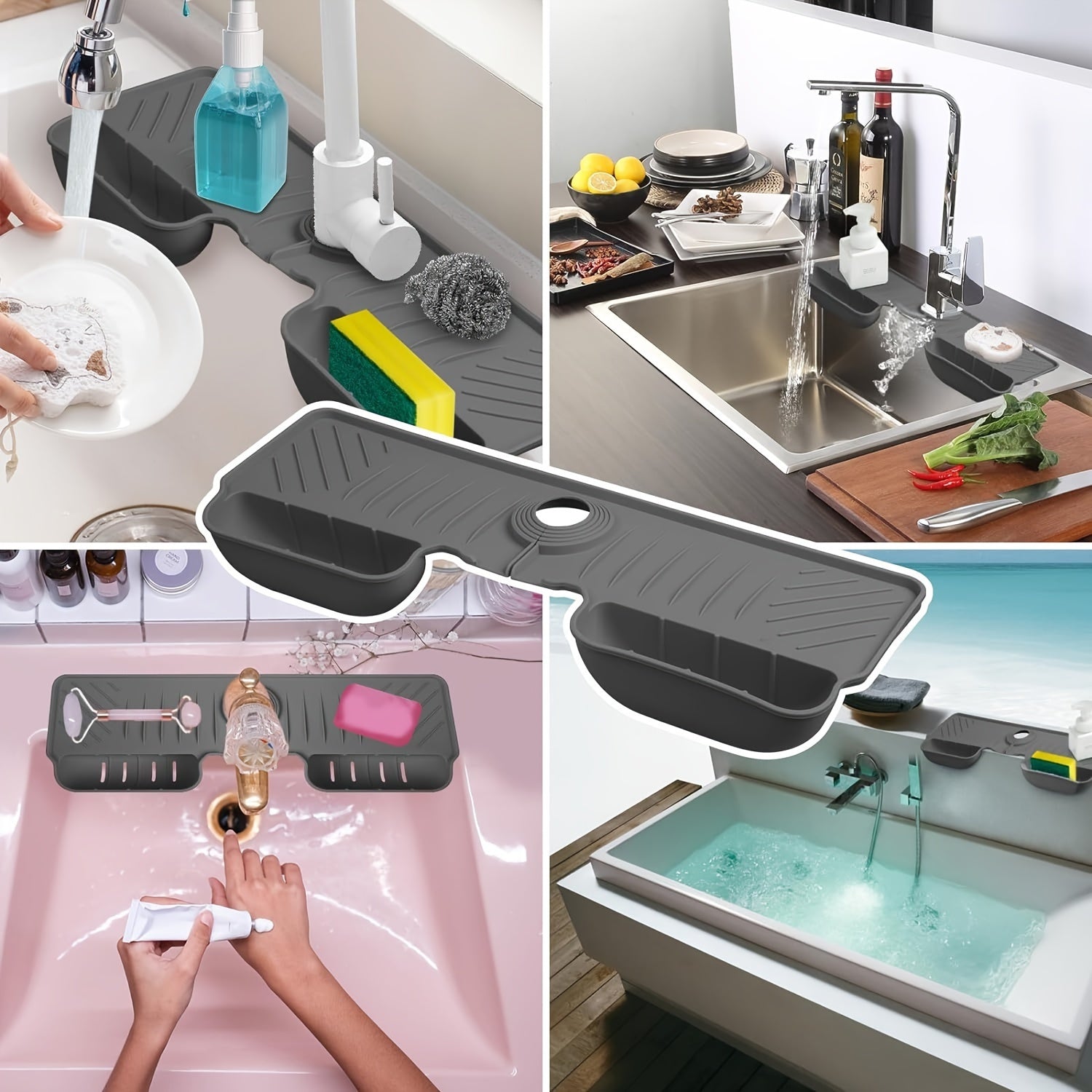 Organizador de silicona para fregadero de cocina con dos bolsillos y bandeja de drenaje plegable