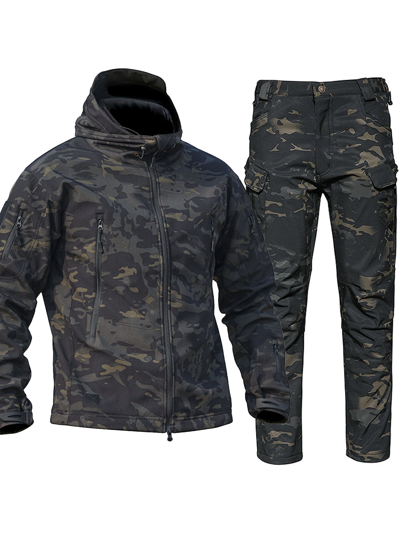 Men's Camouflage Outdoor Gear Set Windproof Hooded Jacket and Fleece Pants for Hiking Hunting and Casual Wear