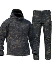Men's Camouflage Outdoor Gear Set Windproof Hooded Jacket and Fleece Pants for Hiking Hunting and Casual Wear