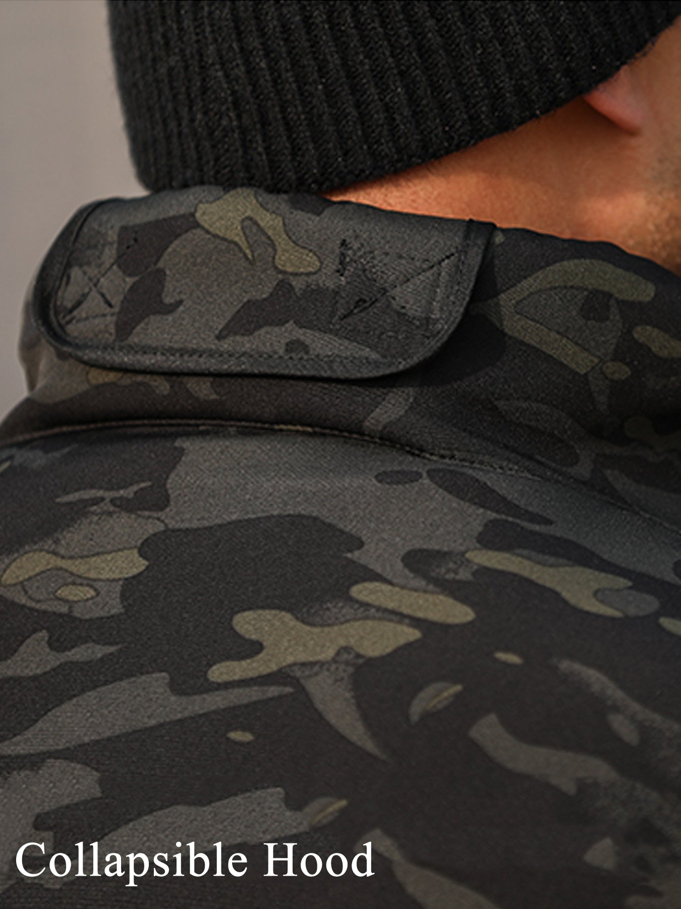 Men's Camouflage Outdoor Gear Set Windproof Hooded Jacket and Fleece Pants for Hiking Hunting and Casual Wear