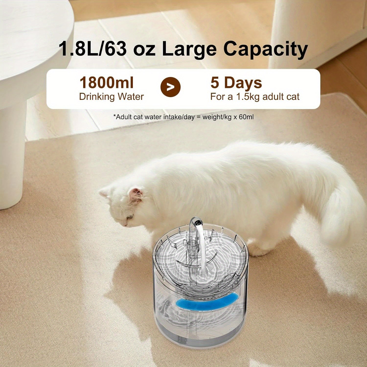 Cat Water Fountain 1.8L Silent Pump USB Rechargeable for Indoor Cats