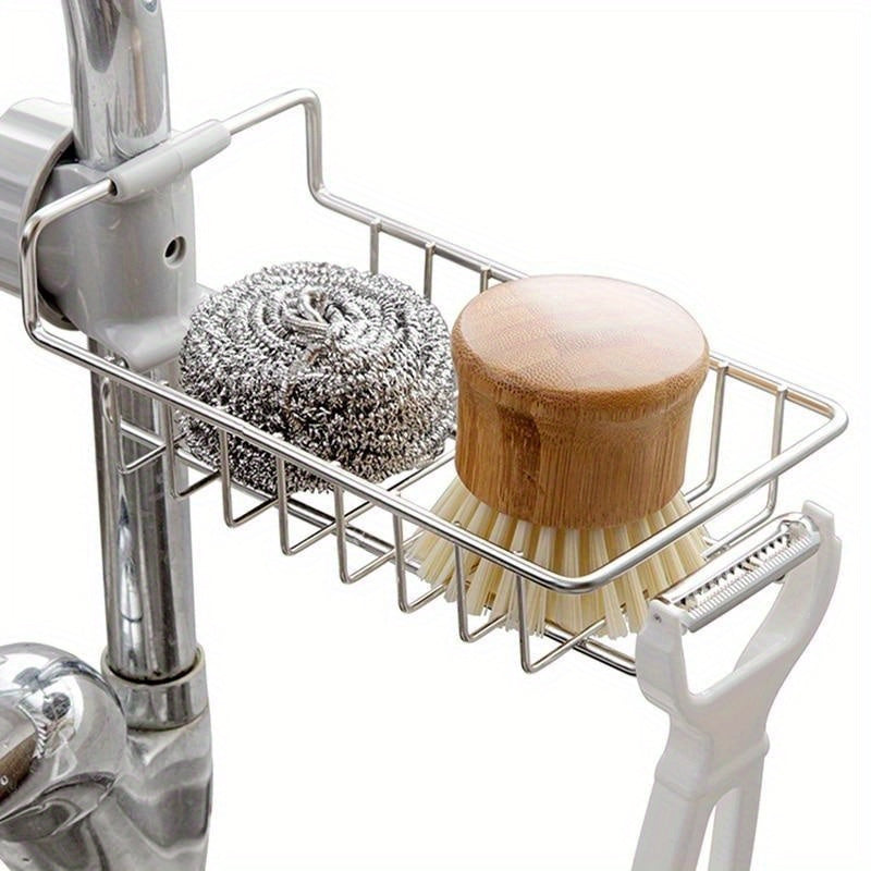 High Storage Kitchen Sink Organizer with Adjustable Faucet Sponge Rack and Metal Bowl Cloth Holder