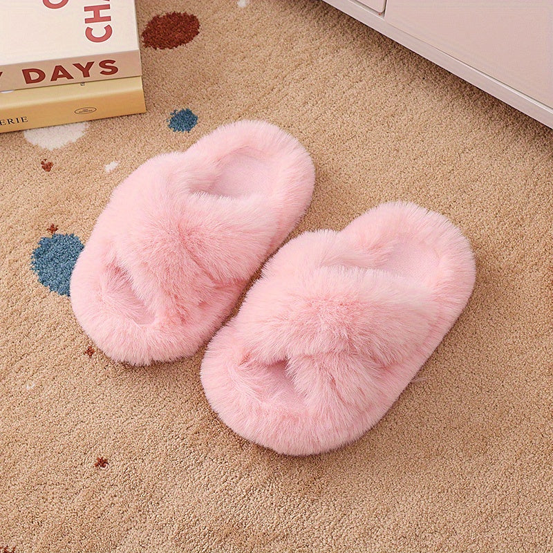 Unisex Faux Fur Slippers with PVC Sole Round Toe Tasseled Honey Style for Kids and Teens