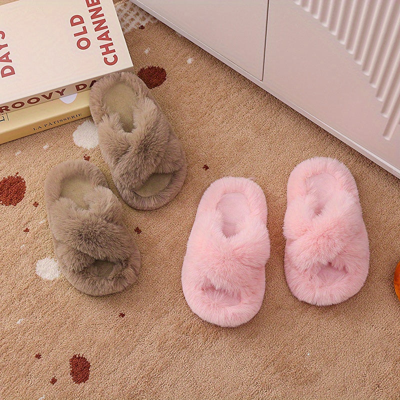 Unisex Faux Fur Slippers with PVC Sole Round Toe Tasseled Honey Style for Kids and Teens
