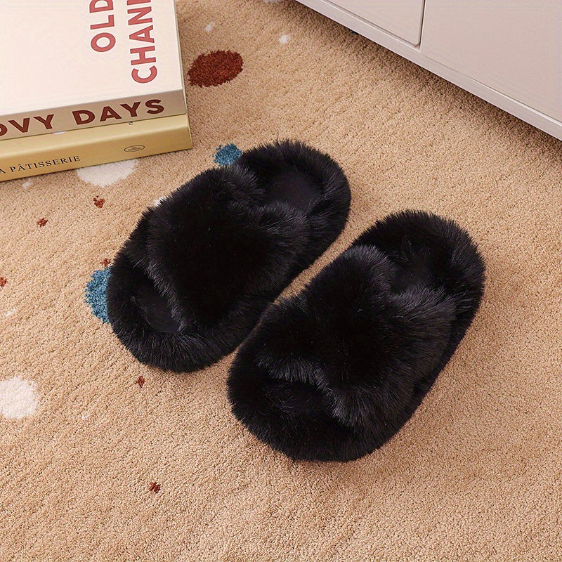Unisex Faux Fur Slippers with PVC Sole Round Toe Tasseled Honey Style for Kids and Teens