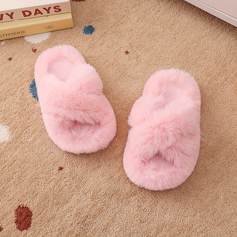 Unisex Faux Fur Slippers with PVC Sole Round Toe Tasseled Honey Style for Kids and Teens