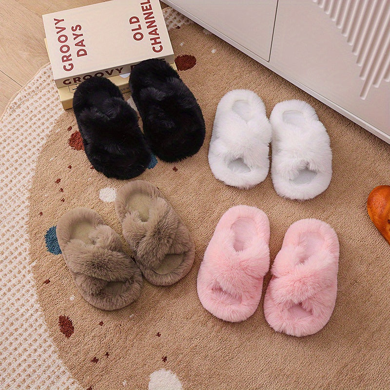 Unisex Faux Fur Slippers with PVC Sole Round Toe Tasseled Honey Style for Kids and Teens