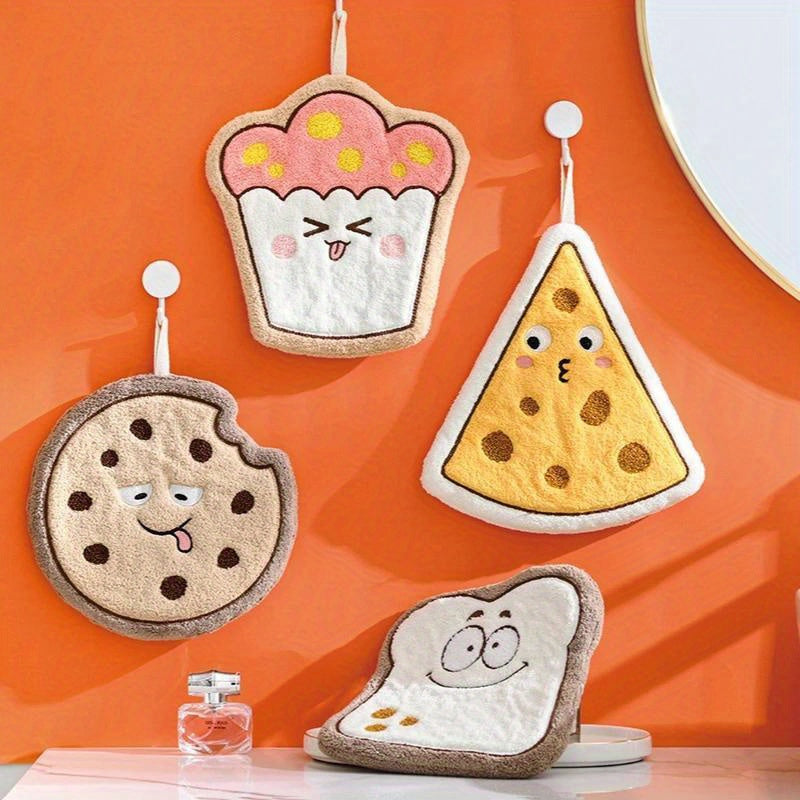 Cute Cartoon Food Hand Towel Soft Coral Fleece Kitchen Cloth Absorbent Cookie Bread Cupcake