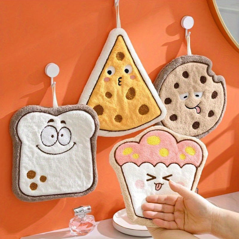 Cute Cartoon Food Hand Towel Soft Coral Fleece Kitchen Cloth Absorbent Cookie Bread Cupcake
