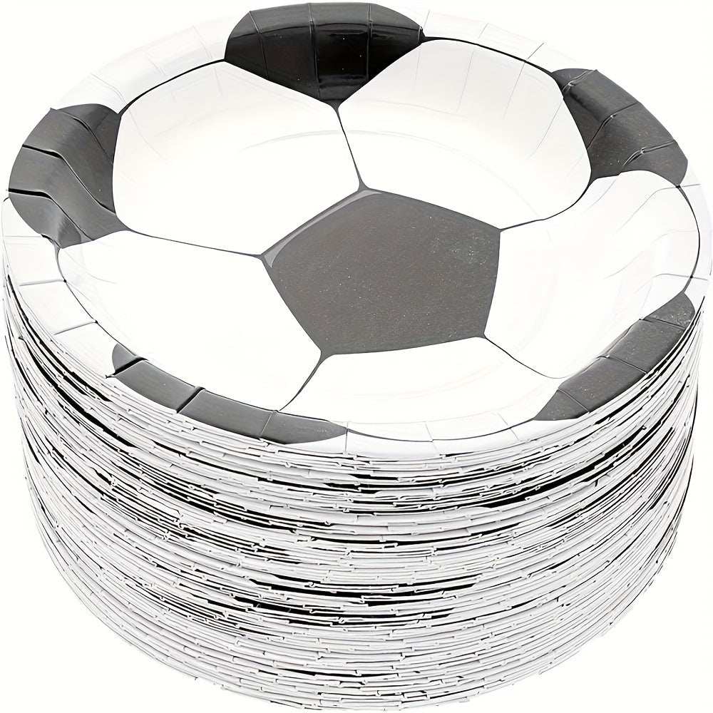 Bir martalik qog'oz plitalar, futbol mavzusi, qora va oq, partiyalar va ovqatlanish uchun