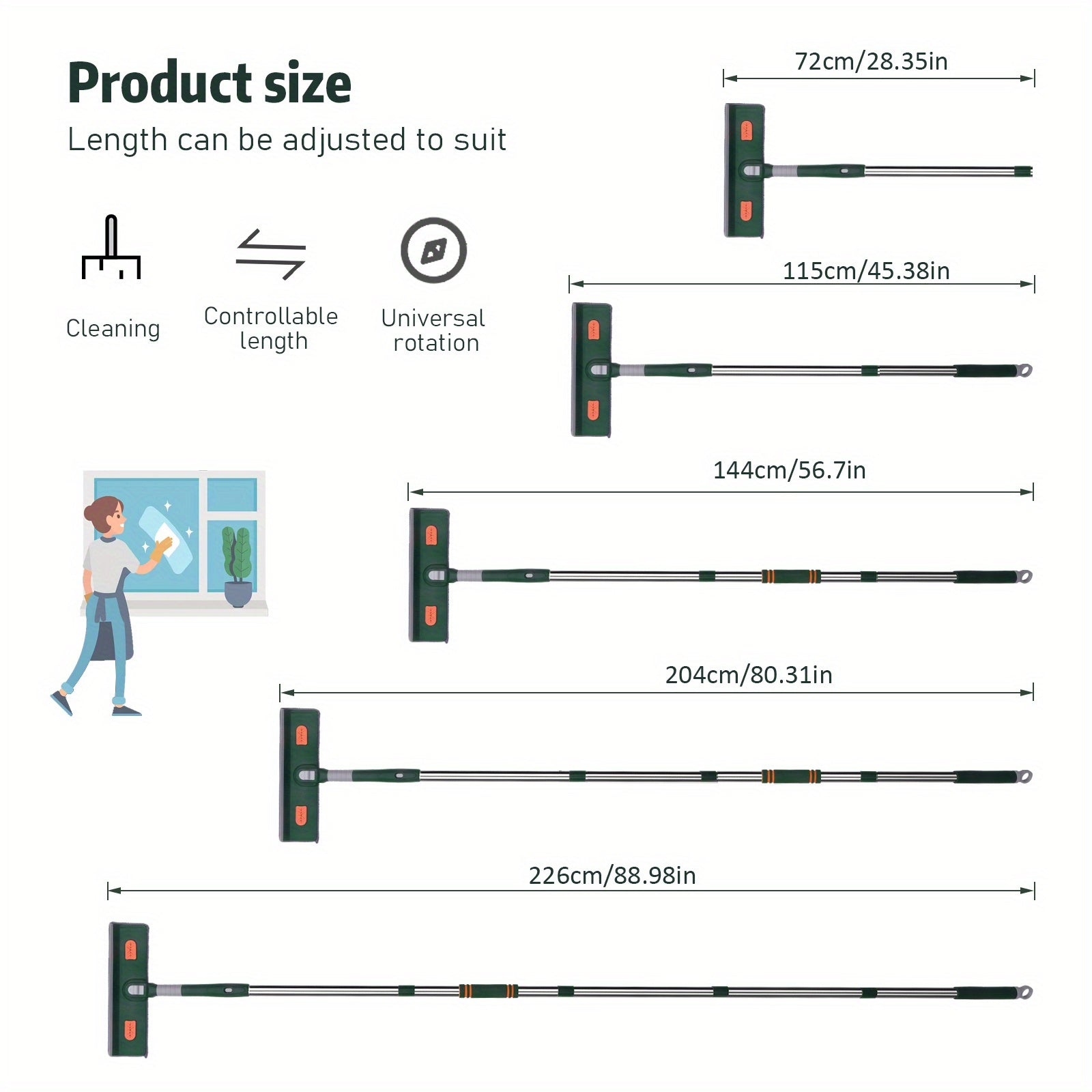 2-in-1 Rotatable Window Squeegee Cleaner Kit with Telescopic Extension Pole