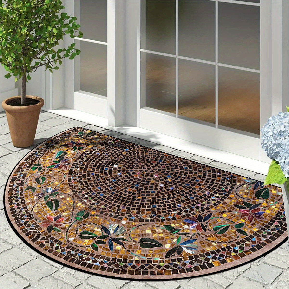 Bohemian Mandala Semi-Circle Door Mat Set of 1 or 2 Non-Slip Water Absorbent Outdoor Use
