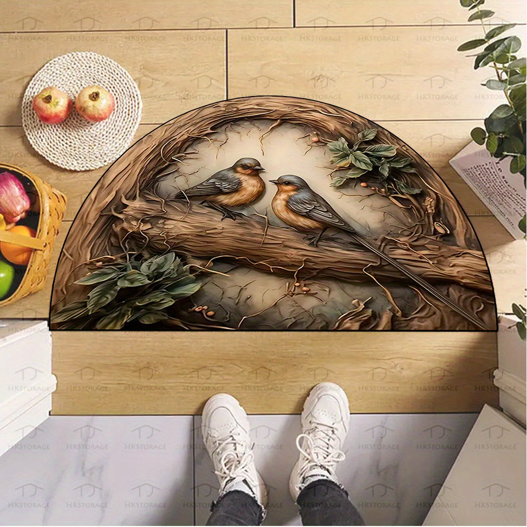 Semi-Circular Bird and Branch Doormat Non-Slip Rubber Backing Indoor Outdoor Durable Polyester