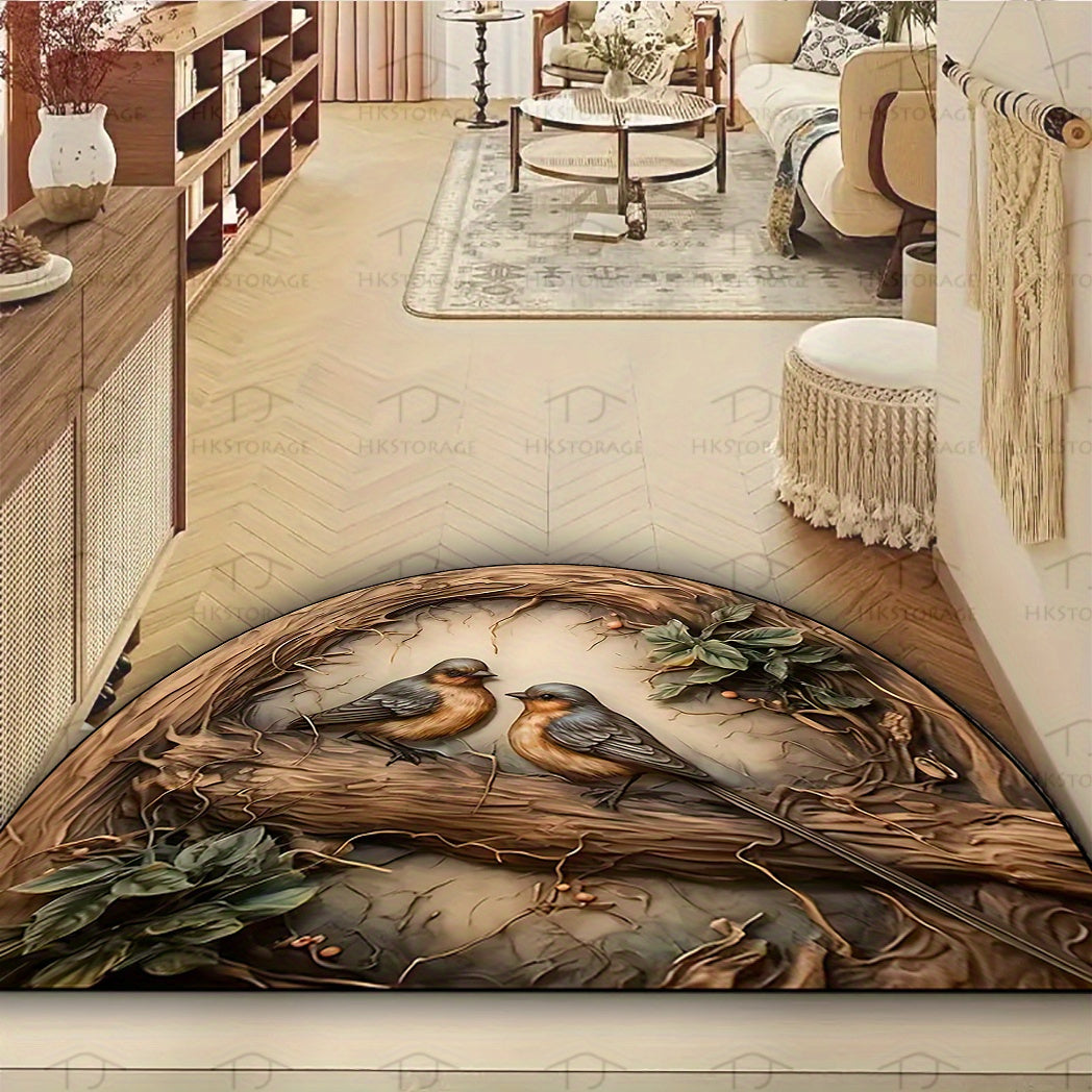 Semi-Circular Bird and Branch Doormat Non-Slip Rubber Backing Indoor Outdoor Durable Polyester