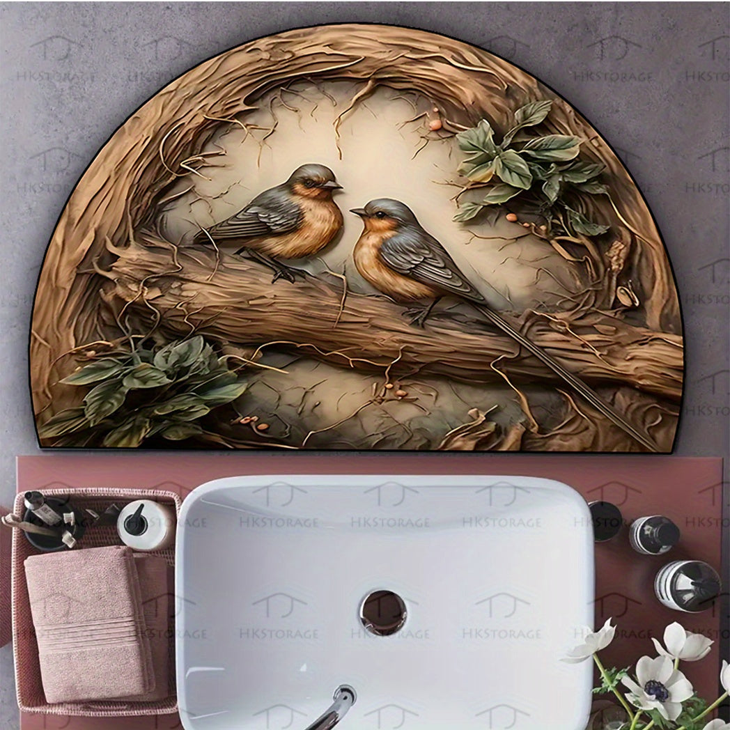Semi-Circular Bird and Branch Doormat Non-Slip Rubber Backing Indoor Outdoor Durable Polyester