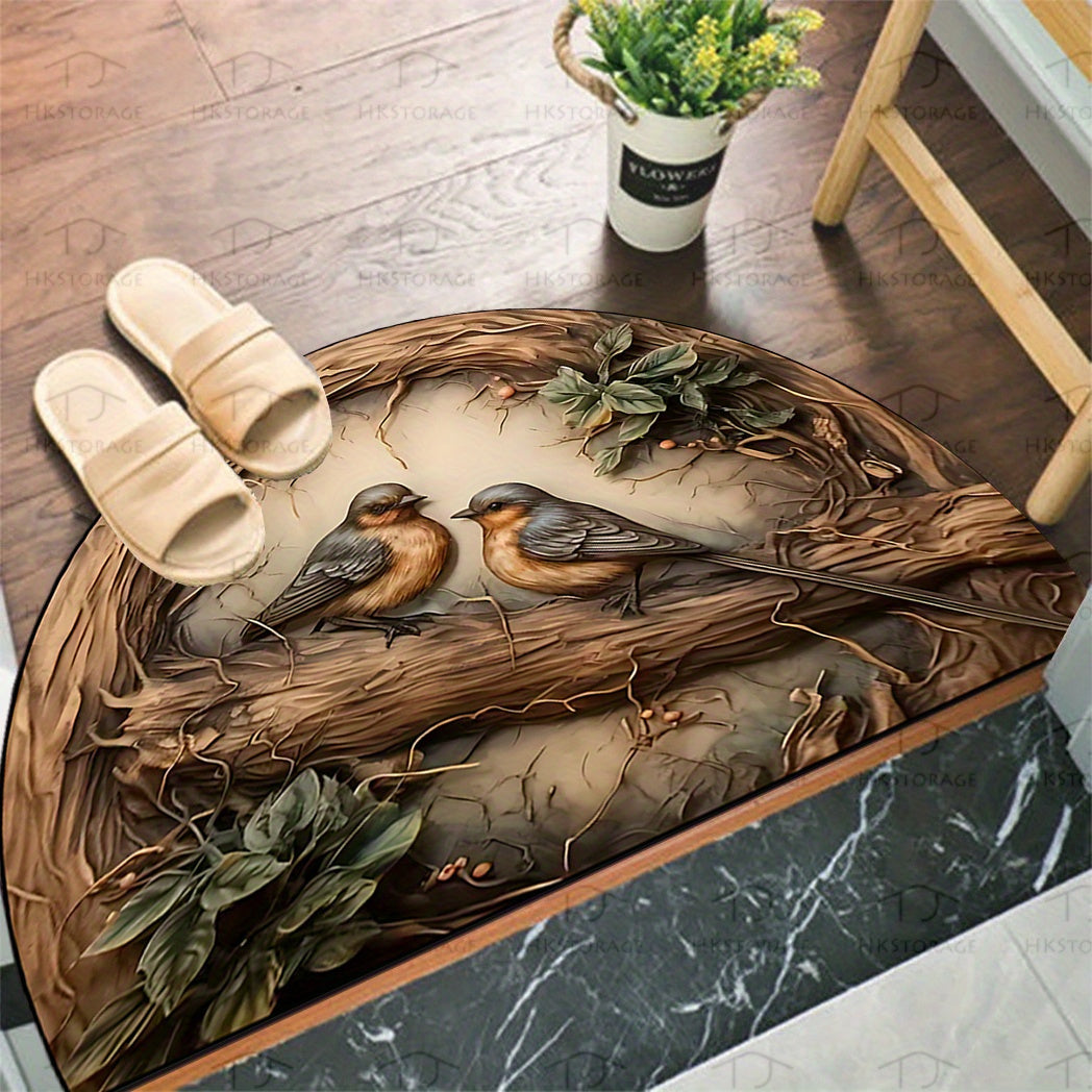 Semi-Circular Bird and Branch Doormat Non-Slip Rubber Backing Indoor Outdoor Durable Polyester