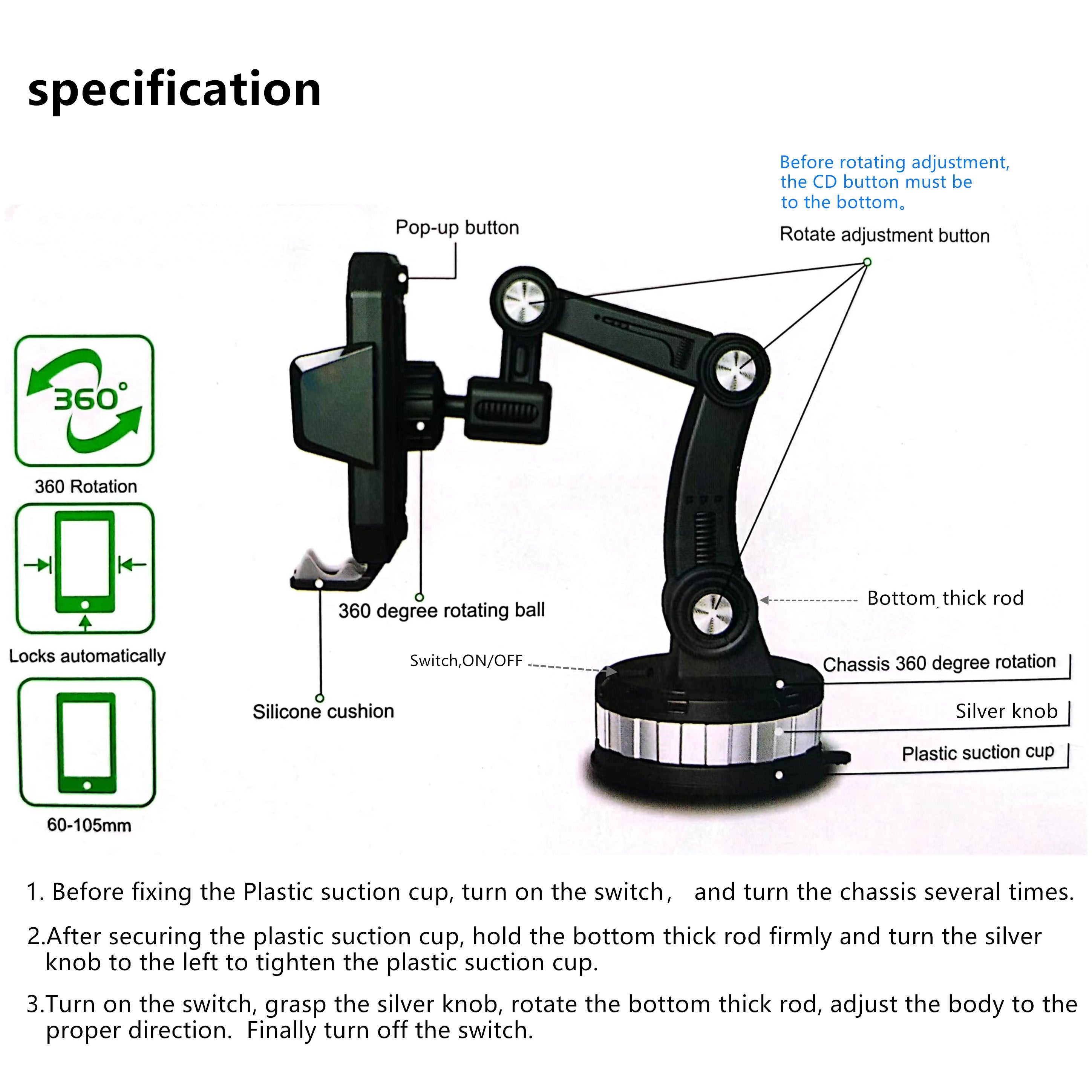 Universal Car Phone Mount - 360° Rotatable Shockproof with Adhesive Gel