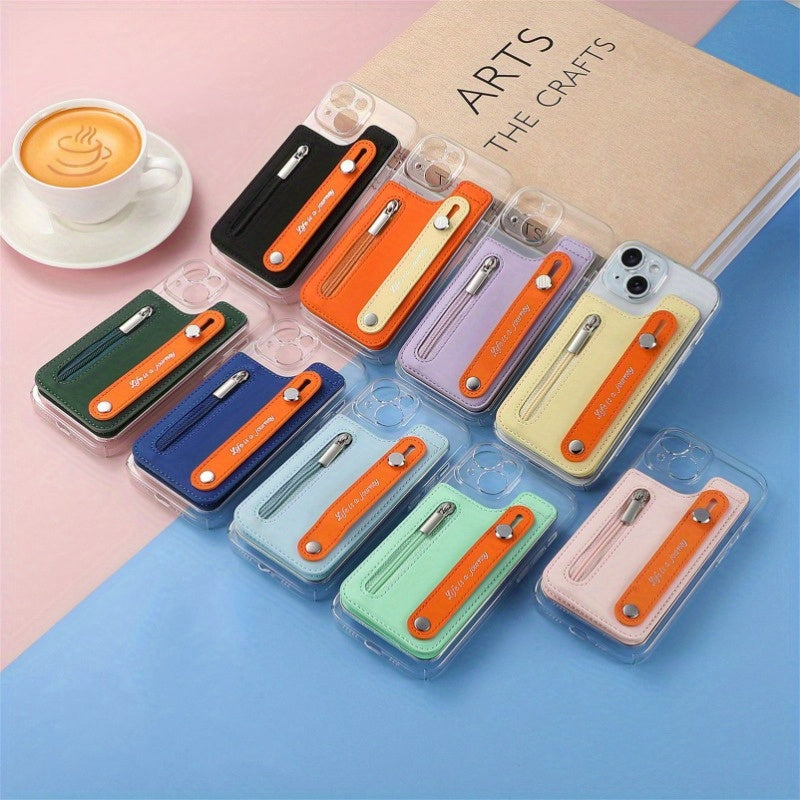 PU Leather Phone Card Holder Case with Wrist Strap Slim Fit Credit Card Pocket Push Lock Closure