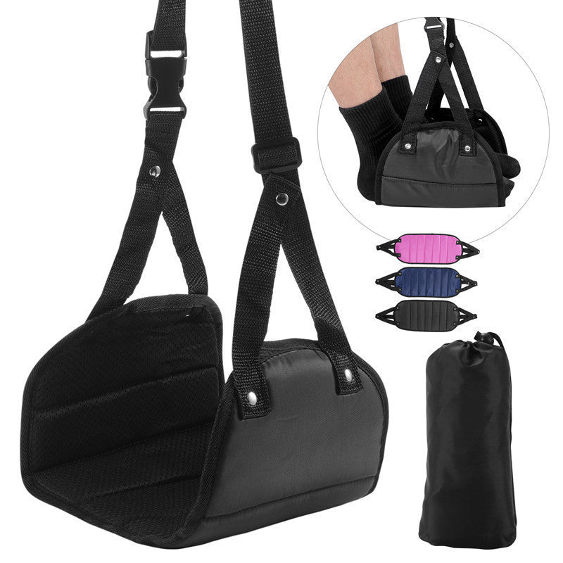 Portable Airplane Footrest Hammock Adjustable Travel Foot Support Black