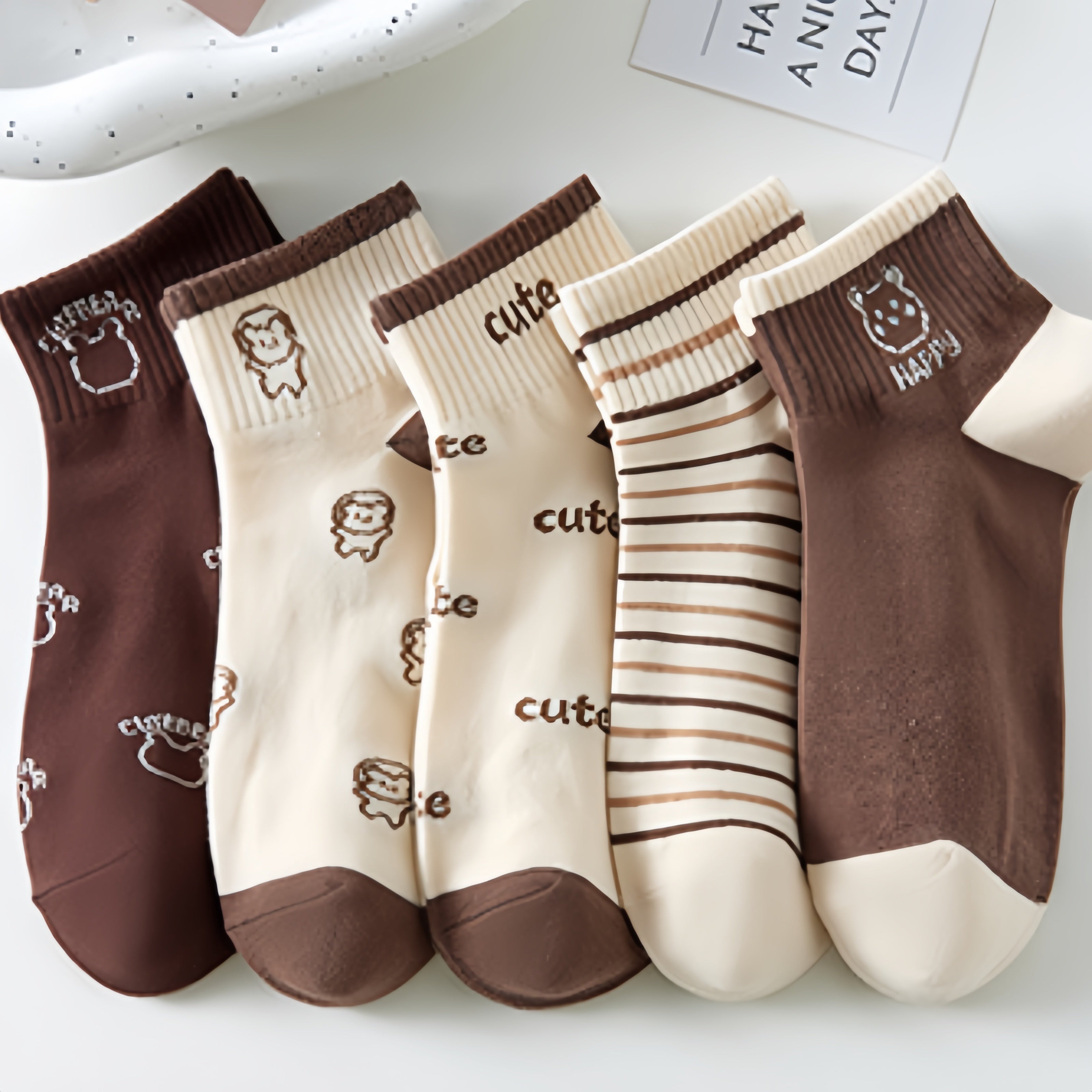 Women's Cartoon Animal Print Knee-High Socks 5 Pairs Japanese Style Polyester