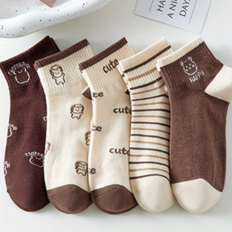 Women's Cartoon Animal Print Knee-High Socks 5 Pairs Japanese Style Polyester