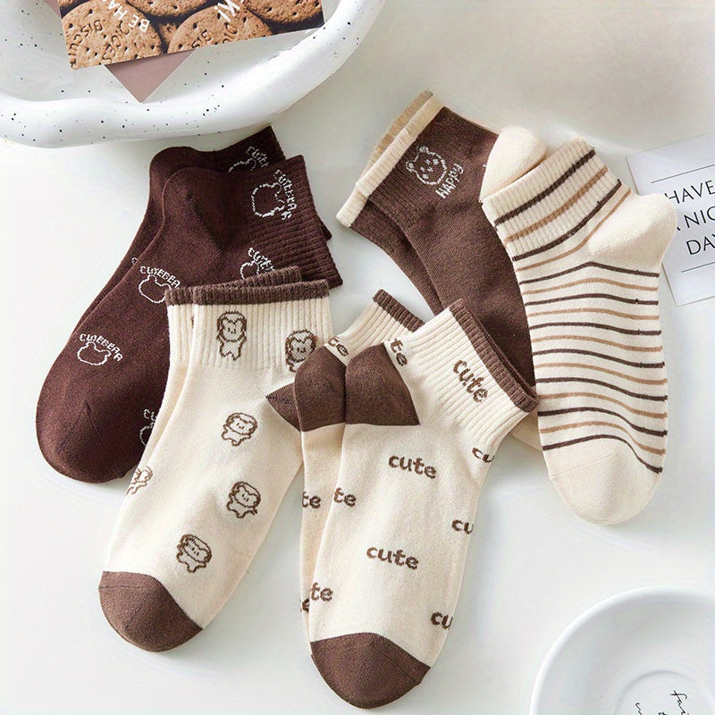 Women's Cartoon Animal Print Knee-High Socks 5 Pairs Japanese Style Polyester