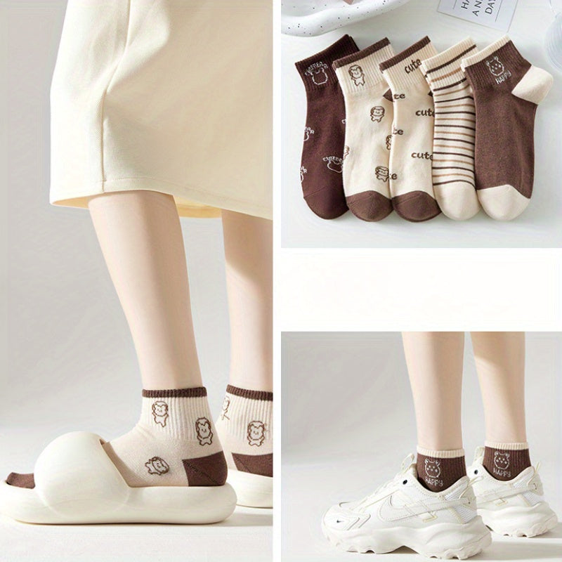 Women's Cartoon Animal Print Knee-High Socks 5 Pairs Japanese Style Polyester