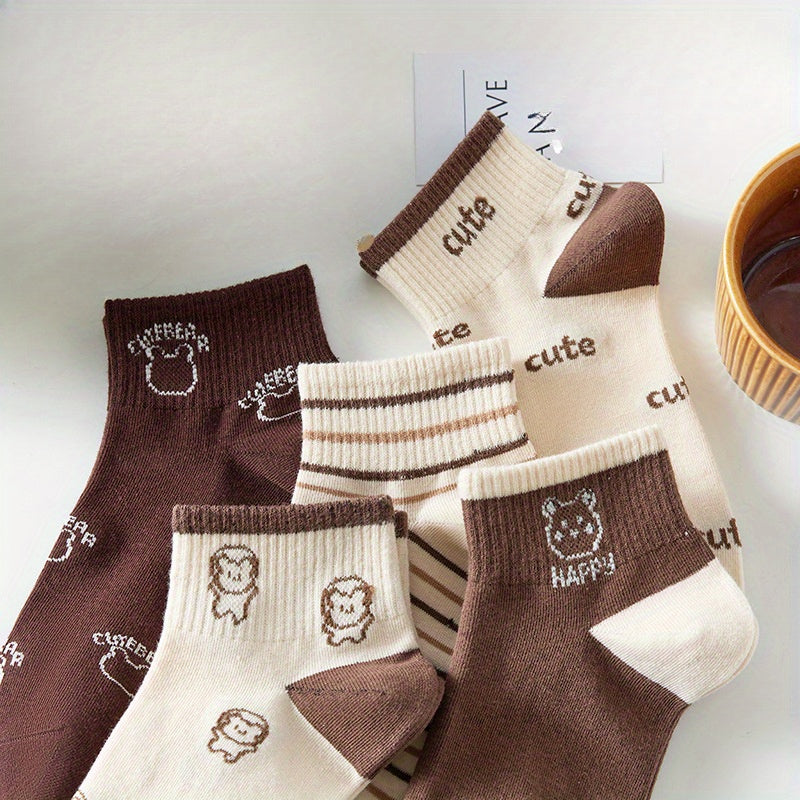 Women's Cartoon Animal Print Knee-High Socks 5 Pairs Japanese Style Polyester