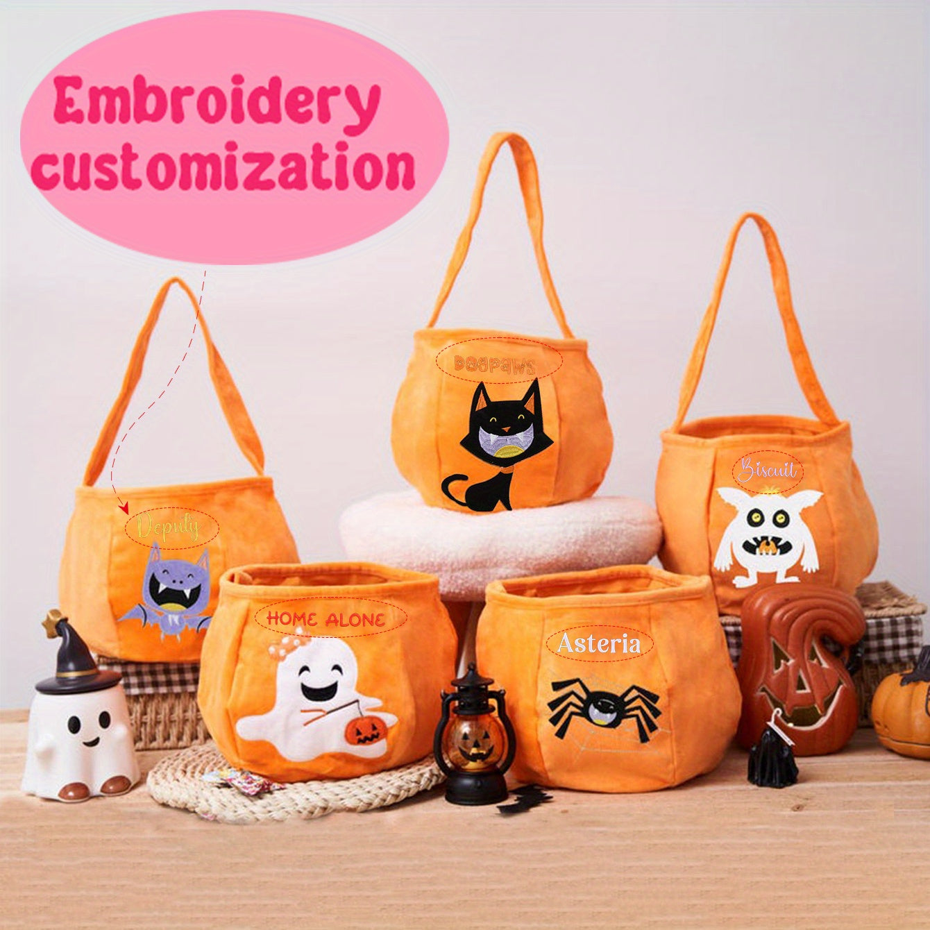 Halloween Embroidered Candy Bag with Pumpkin Skeleton Design Portable Shoulder Strap