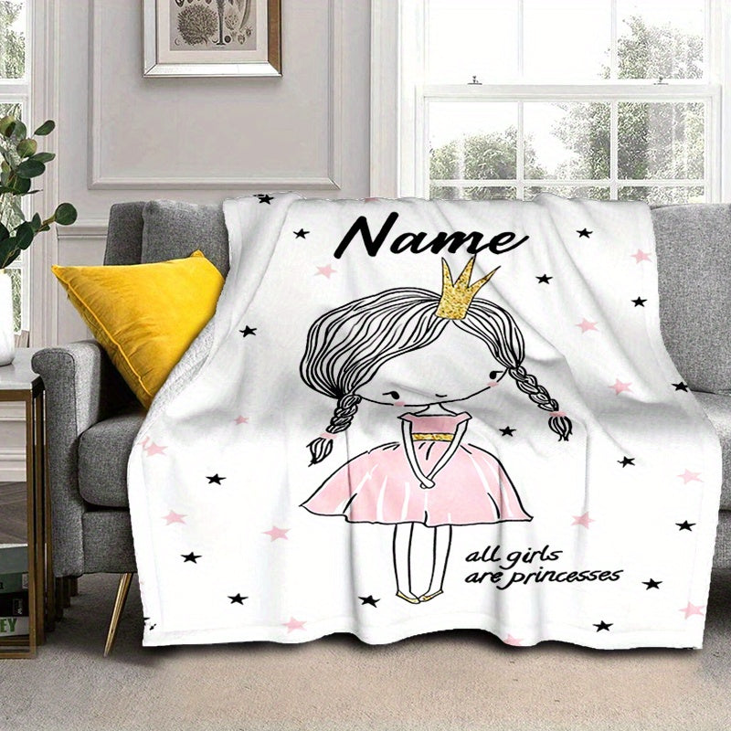 Personalized Soft Blanket with Custom Name Print, Princess Design, for Bed Sofa or Chair