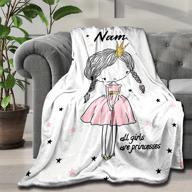 Personalized Soft Blanket with Custom Name Print, Princess Design, for Bed Sofa or Chair