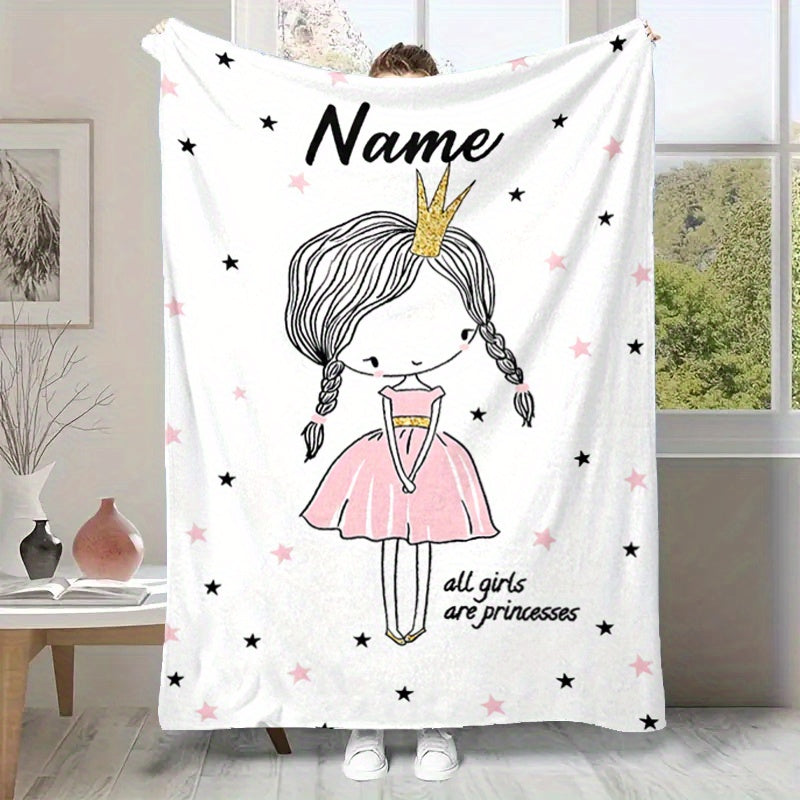 Personalized Soft Blanket with Custom Name Print, Princess Design, for Bed Sofa or Chair
