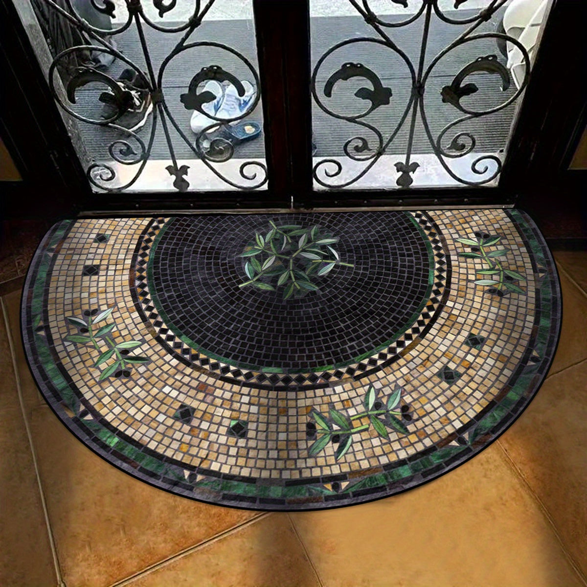 Retro Mosaic Tile Design Door Mat Non-Slip Dustproof Semicircular Entry Rug