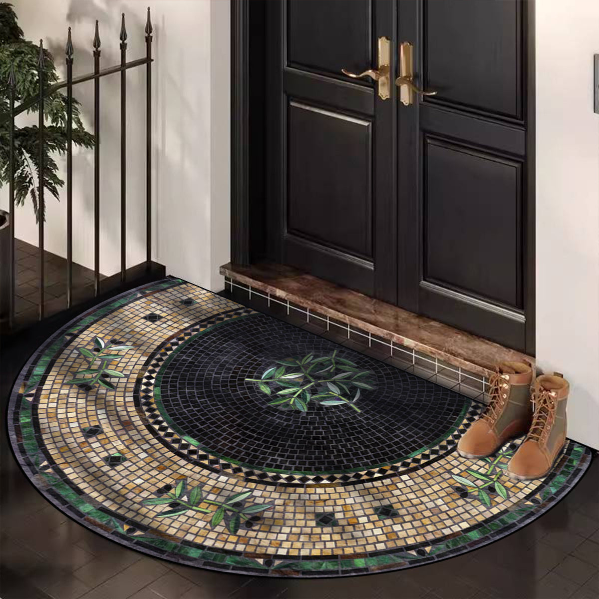 Retro Mosaic Tile Design Door Mat Non-Slip Dustproof Semicircular Entry Rug