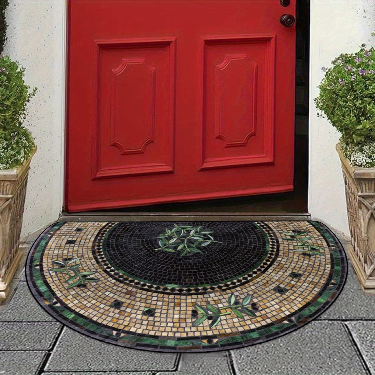 Retro Mosaic Tile Design Door Mat Non-Slip Dustproof Semicircular Entry Rug