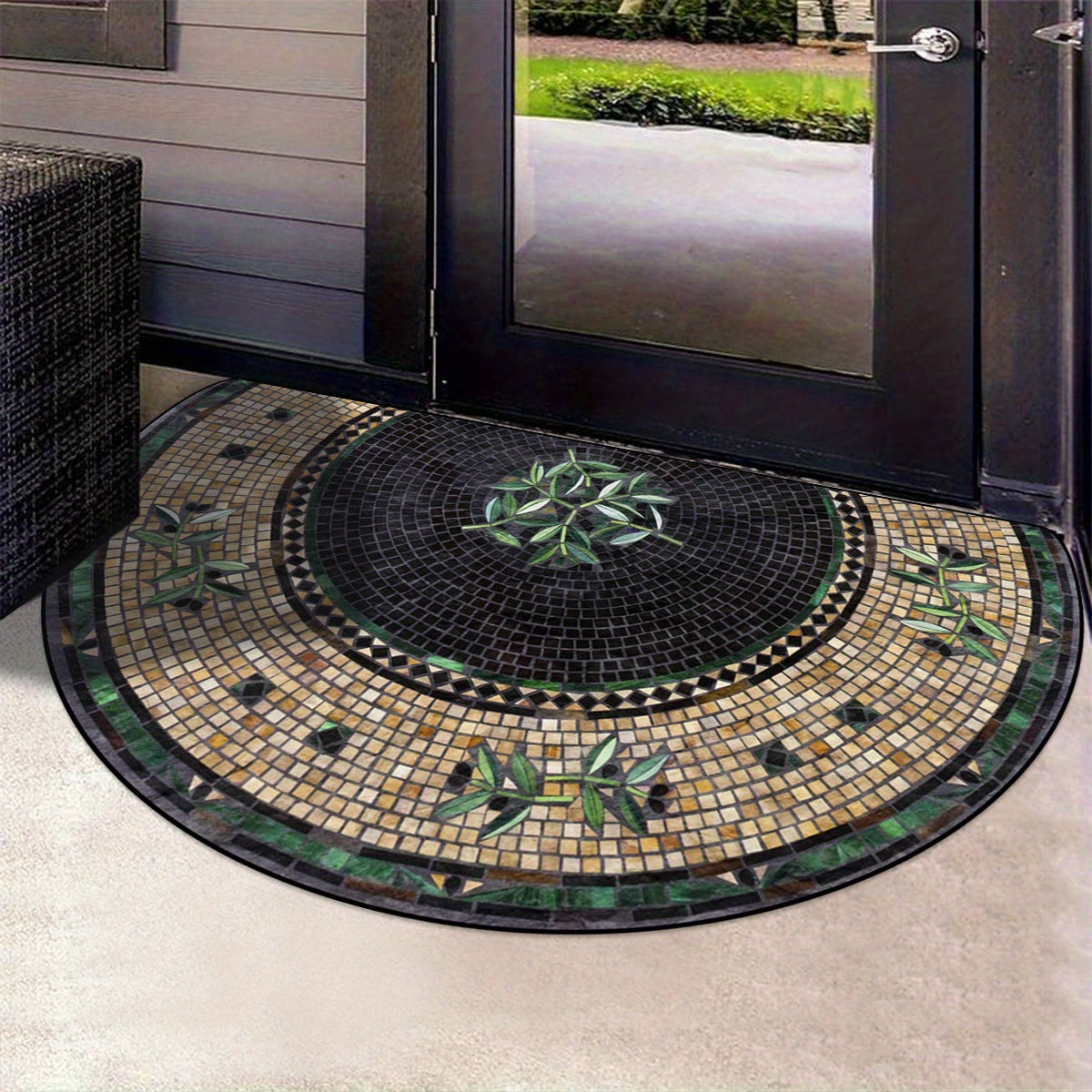 Retro Mosaic Tile Design Door Mat Non-Slip Dustproof Semicircular Entry Rug