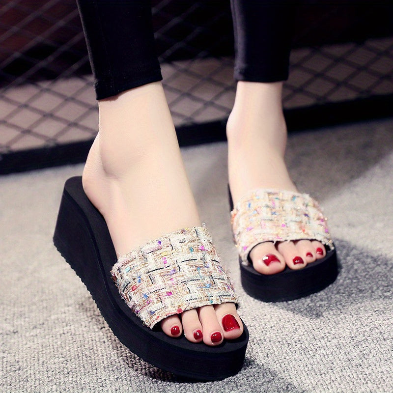 Women's Wedge Sandals Open Toe Slip-On Colorful Geometric Pattern EVA Comfort for Beach Travel Casual