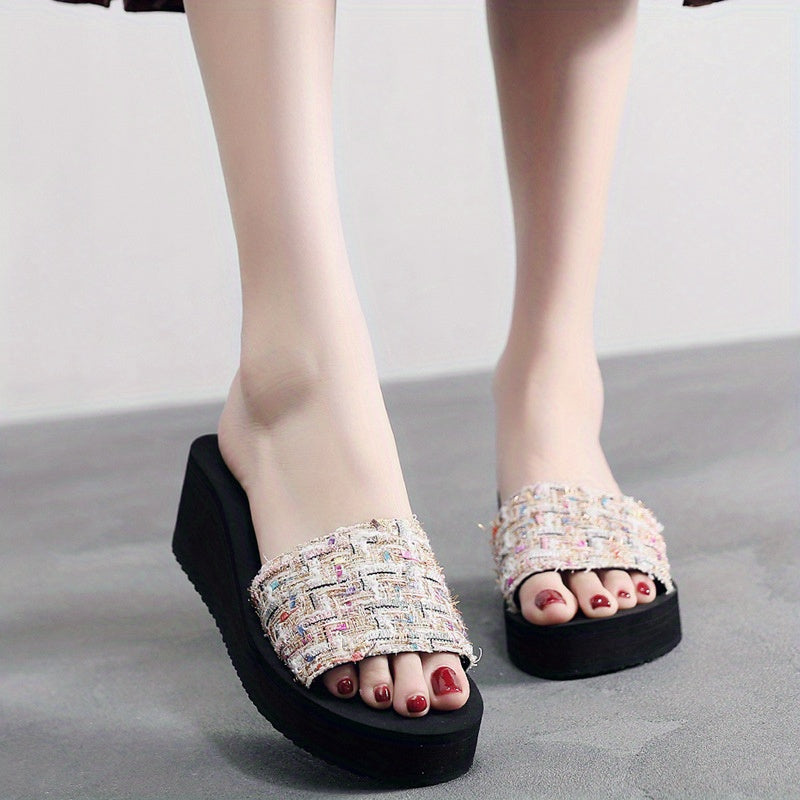 Women's Wedge Sandals Open Toe Slip-On Colorful Geometric Pattern EVA Comfort for Beach Travel Casual