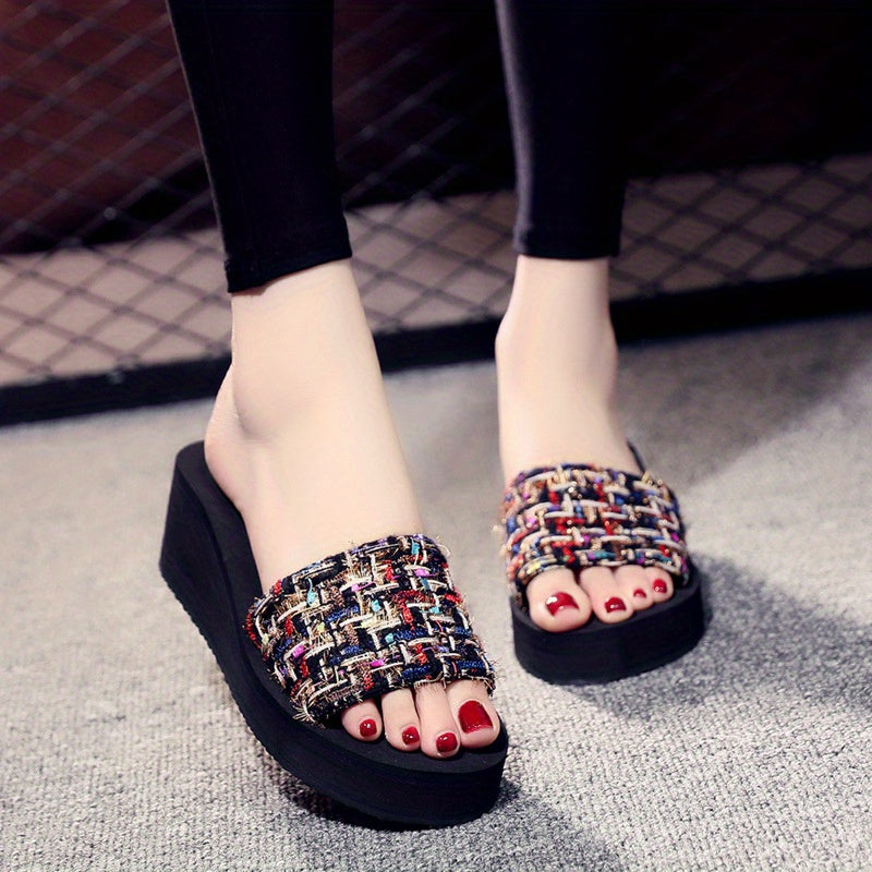 Women's Wedge Sandals Open Toe Slip-On Colorful Geometric Pattern EVA Comfort for Beach Travel Casual