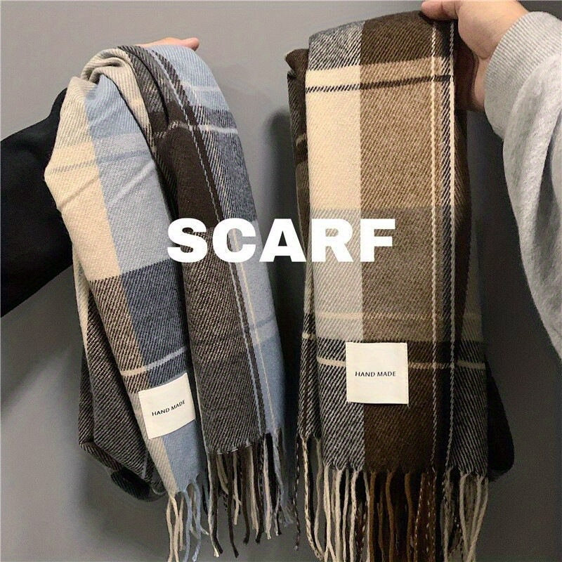 Men's Warm Plaid Fringe Hem Scarf for Autumn Winter Gift