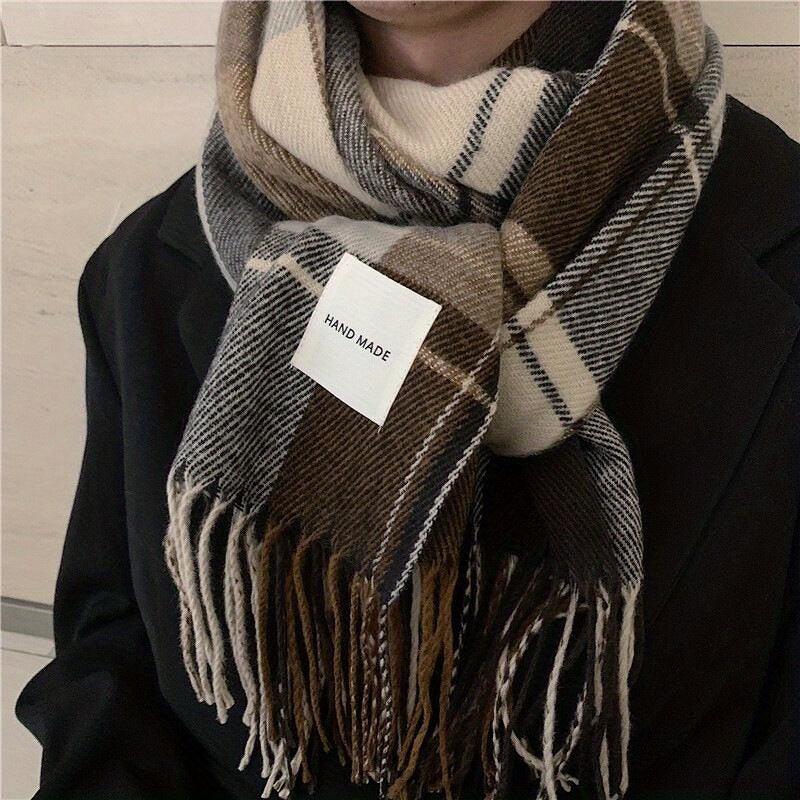 Men's Warm Plaid Fringe Hem Scarf for Autumn Winter Gift