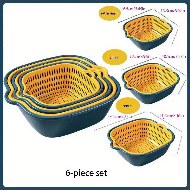 Set of 6 Plastic Colanders with Double-Layer Drain Baskets for Rinsing Fruits and Vegetables