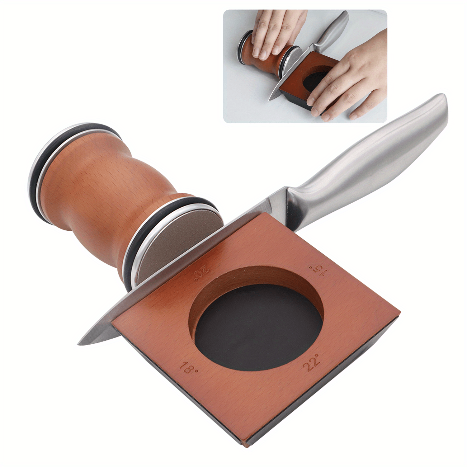 Wooden Knife Sharpener with Angle Guide Stainless Steel Honing Tool Non-Slip Base