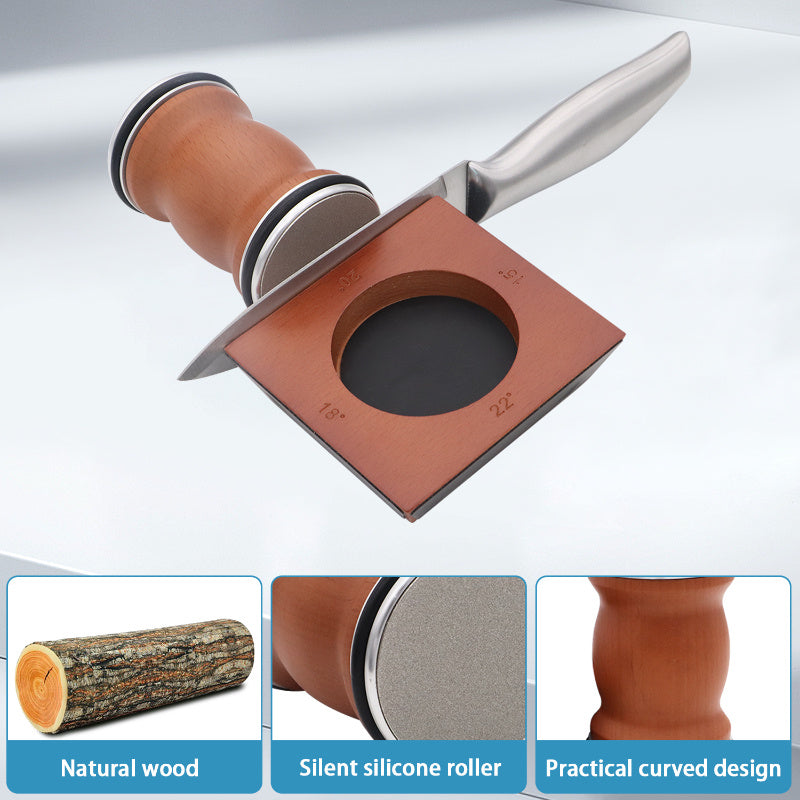 Wooden Knife Sharpener with Angle Guide Stainless Steel Honing Tool Non-Slip Base